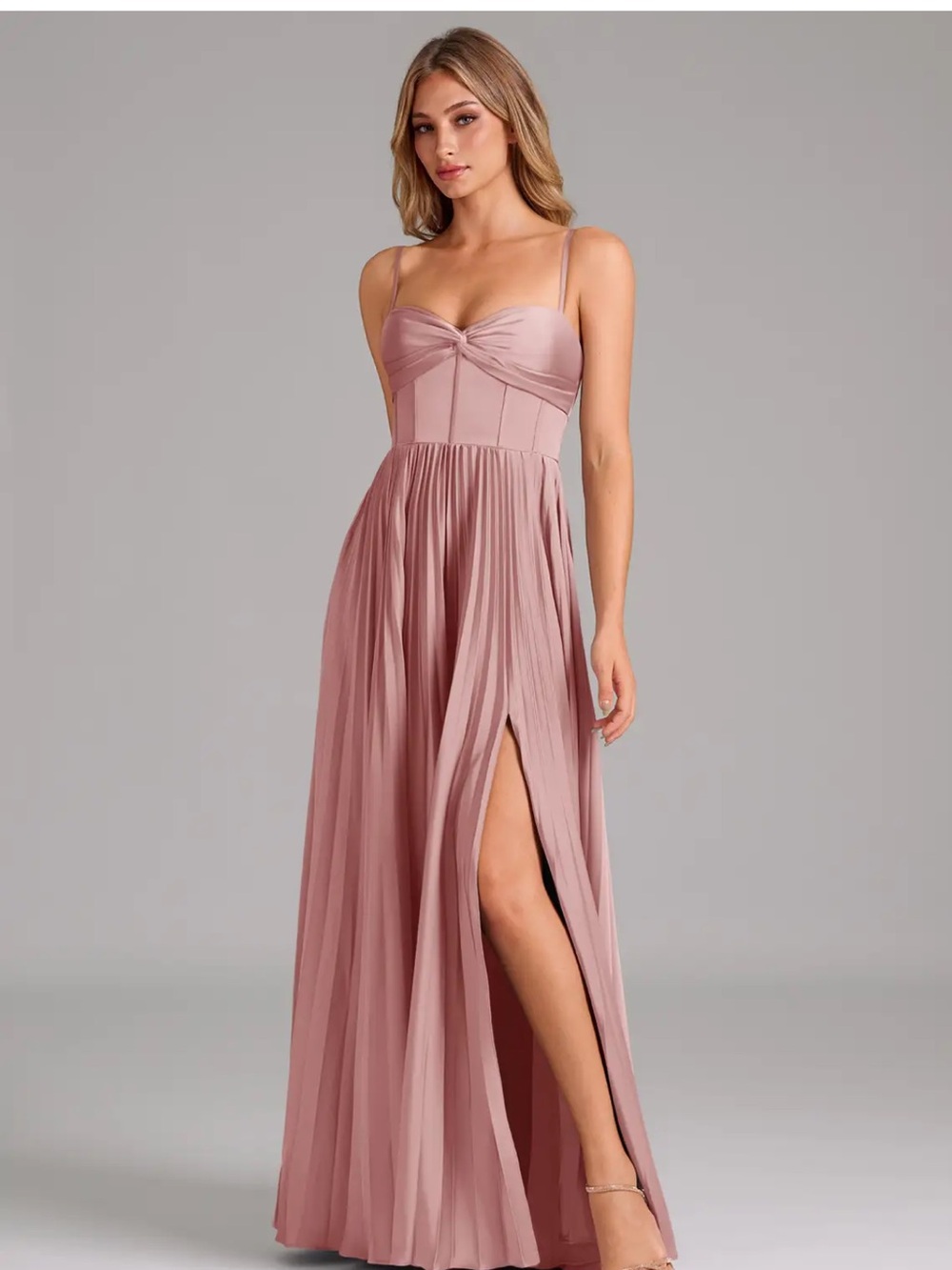 Azazie Akiko Rosette Pleated Maxi Dress with Slit